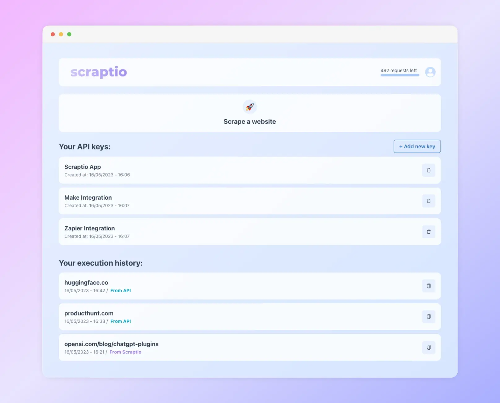 Scraptio integrations with Zapier, Make, Integromat, and more